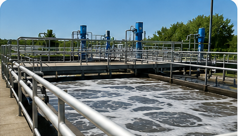 Planta compacta de tratamiento de aguas residuales industriales con tanques, tuberías y sistema de proceso.