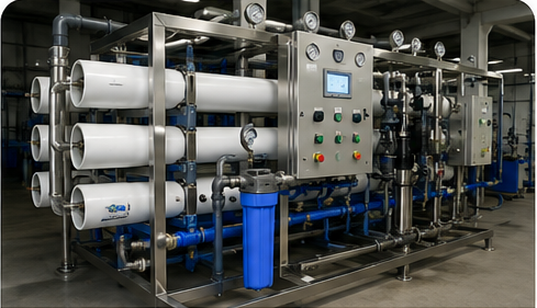 Sistema industrial de ósmosis inversa con membranas, tuberías, manómetros y tablero de control.