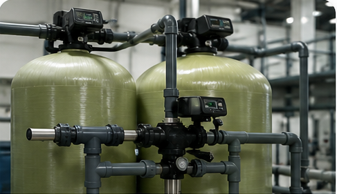 Filtros multimedia de presión con tanques FRP, válvulas automáticas y tuberías industriales.