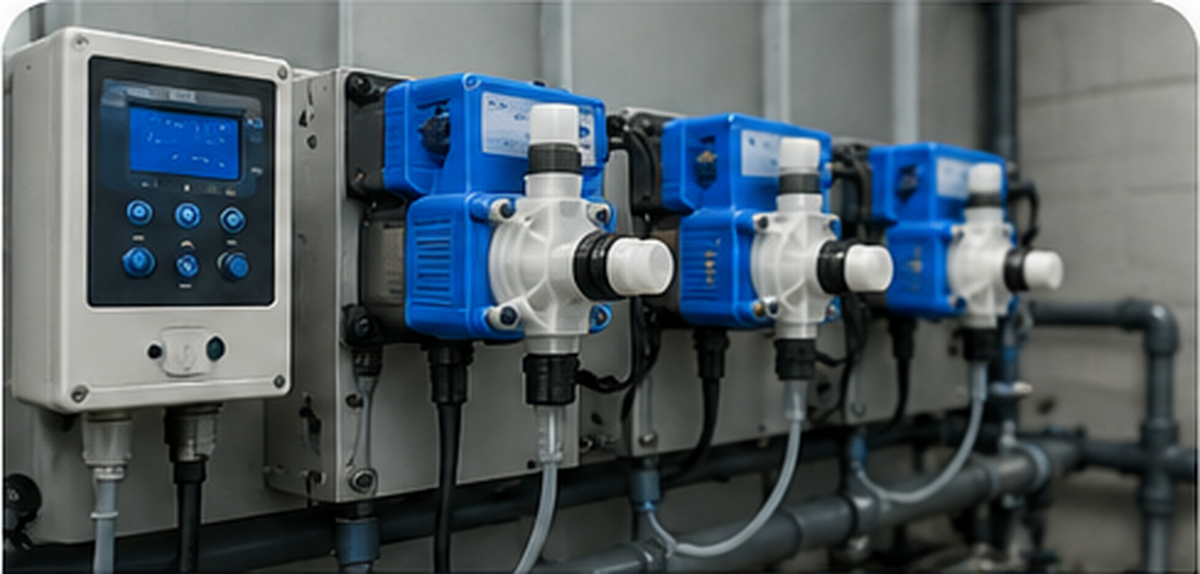 Bombas dosificadoras químicas instaladas en sistema industrial con tablero de control y tuberías.