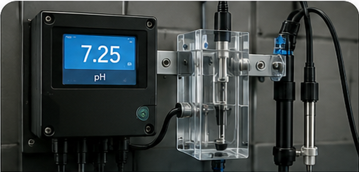 Sistema de monitoreo analítico en línea con display digital, sensores de pH, ORP y conductividad.